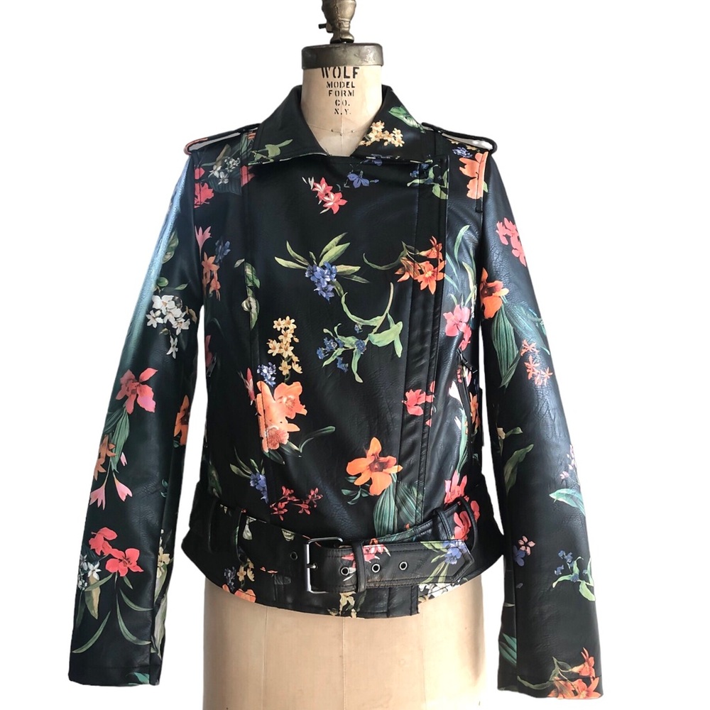 NWTS Bagatelle Vegan Leather Floral Print Moto Jacket, Sz Small